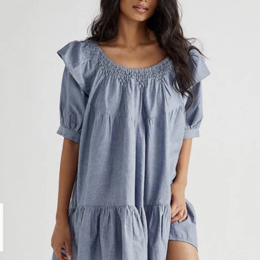 Free People Amelie Denim Chambray Mini Baby Doll Ruffle Dress Boho XS - Picture 2 of 11